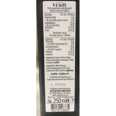 Casa Verdi Vinagre Balsámico Modena Igp - Botella 250ml - Aceite, vinagre y sal