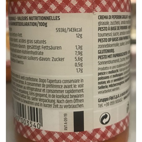 Le Conserve Della Nonna - Crema de pimienta - Tarro 190gr - Salsas y especias