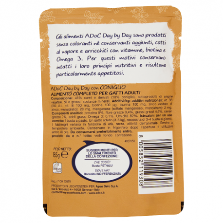 ADoC Day by Day Cat Gatto Coniglio - Box da 24 Buste da 85gr - Alimenti per Animali