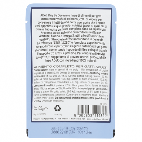 ADoC Day by Day Cat Gatto Sterilizzato con Pollo - Box da 24 Buste da 85gr - Alimenti per Animali
