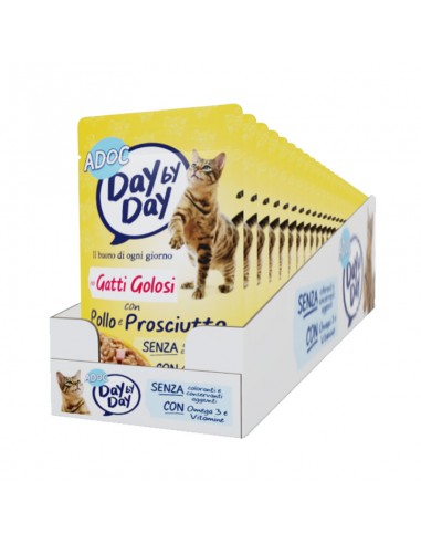 ADoC Day by Day Cat Gatto Pollo e Prosciutto - Box da 24 Buste da 85gr - Alimenti per Animali