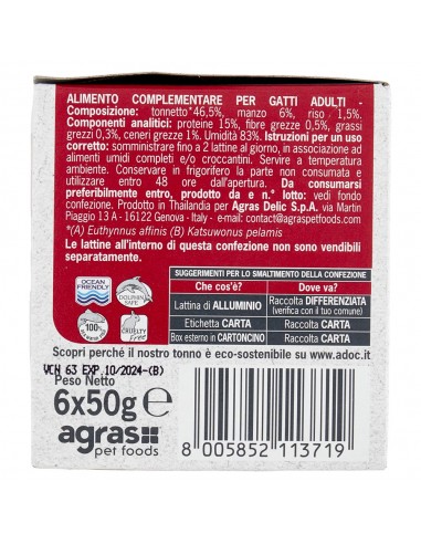 ADoC Cat Gatto MP Filetti di Tonnetto con Manzo - 8 Box da 6 Lattine da 50gr - Alimenti per Animali