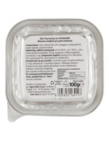 ADoC Day by Day Cat Gatto Paté per Gatti Sterilizzati con Selvaggina - Box da 16 Vaschette da 100gr - Alimenti per Animali