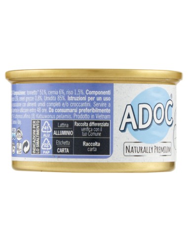 Adoc - Cibo Umido per Gatti Adulti con Ingredienti Naturali Trancetti di Tonnetto Naturale con CERNIA - 24 lattine da 85gr