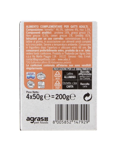 Adoc Cibo Umido per Gatti Adulti con Ingredienti Naturali Trancetti di Tonnetto e Salmone 10 confezioni da 4 lattine da 50gr