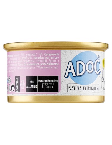 Adoc Cibo Umido per Gatti Adulti con Ingredienti Naturali Trancetti di Tonnetto con Gamberetti NO GRAIN - 24 lattine da 85gr