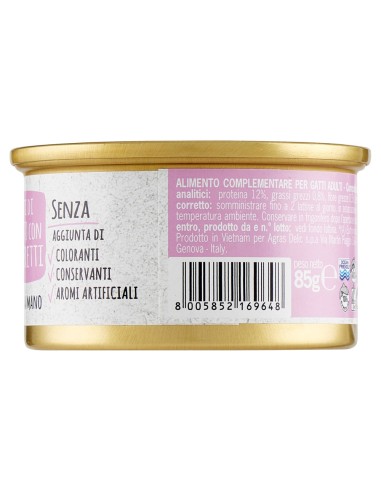 Adoc Cibo Umido per Gatti Adulti con Ingredienti Naturali Trancetti di Tonnetto con Gamberetti NO GRAIN - 24 lattine da 85gr