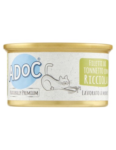Adoc Cibo Umido per Gatti Adulti con Ingredienti Naturali Trancetti di Tonnetto Naturale con RICCIOLA - 24 lattine da 85gr