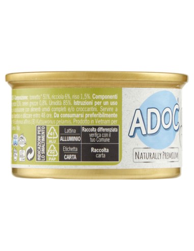 Adoc Cibo Umido per Gatti Adulti con Ingredienti Naturali Trancetti di Tonnetto Naturale con RICCIOLA - 24 lattine da 85gr