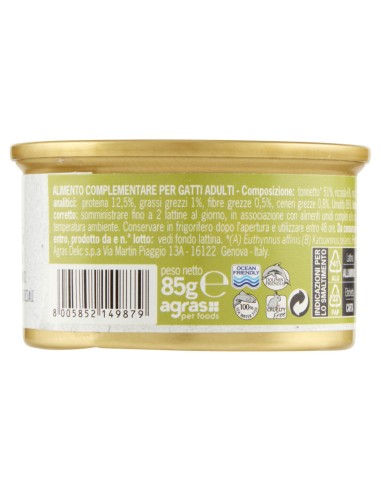 Adoc Cibo Umido per Gatti Adulti con Ingredienti Naturali Trancetti di Tonnetto Naturale con RICCIOLA - 24 lattine da 85gr