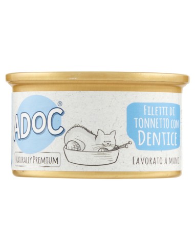 Adoc Cibo Umido per Gatti Adulti con Ingredienti Naturali Trancetti di Tonnetto Naturale con RICCIOLA - 24 lattine da 85gr