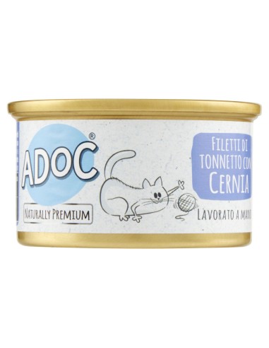 Adoc Cibo Umido per Gatti Adulti con Ingredienti Naturali Trancetti di Tonnetto Naturale con RICCIOLA - 24 lattine da 85gr