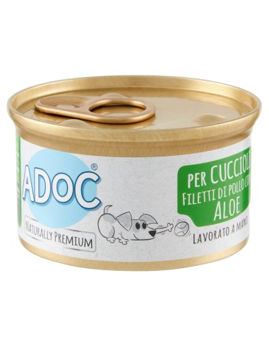 Adoc - Cibo Umido per Cani CUCCIOLI Con Filetti Di Pollo Con ALOE - 24 lattine da 85gr