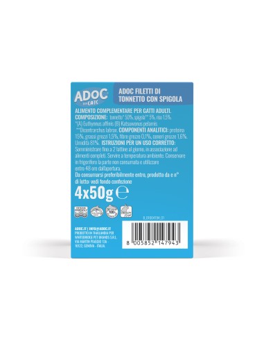 Adoc Cibo Umido per Gatti Adulti Trancetti di Tonnetto con Spigola 10 confezioni da 4 lattine da 50gr