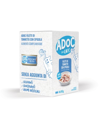 Adoc Cibo Umido per Gatti Adulti Trancetti di Tonnetto con Spigola 10 confezioni da 4 lattine da 50gr