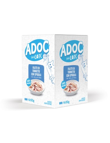 Adoc Cibo Umido per Gatti Adulti Trancetti di Tonnetto con Spigola 10 confezioni da 4 lattine da 50gr