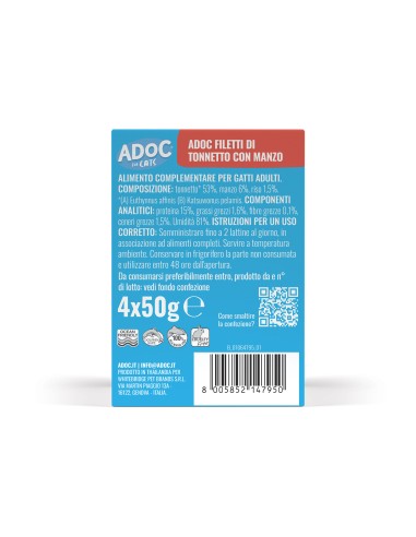 Adoc Cibo Umido per Gatti Adulti Trancetti di Tonnetto con MANZO 10 confezioni da 4 lattine da 50gr