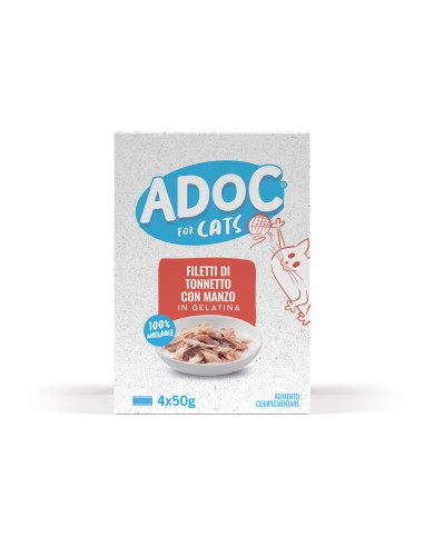 Adoc Cibo Umido per Gatti Adulti Trancetti di Tonnetto con MANZO 10 confezioni da 4 lattine da 50gr