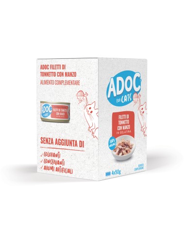 Adoc Cibo Umido per Gatti Adulti Trancetti di Tonnetto con MANZO 10 confezioni da 4 lattine da 50gr
