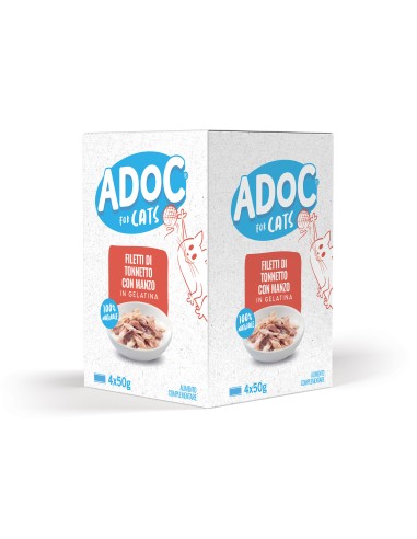 Adoc Cibo Umido per Gatti Adulti Trancetti di Tonnetto con MANZO 10 confezioni da 4 lattine da 50gr