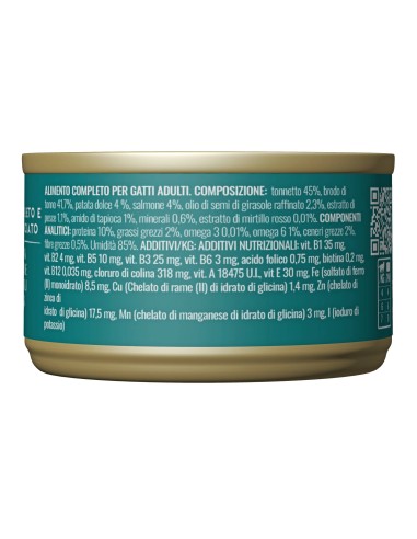 Adoc Cibo Umido per Gatti Completo e Bilanciato - Filetti di TONNETTO con PATATE DOLCI e SALMONE - 24 Lattine da 80 gr