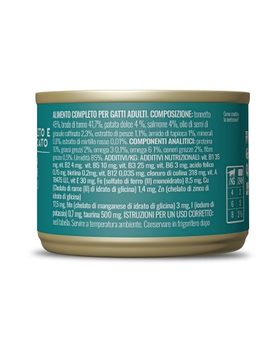 Adoc Cibo Umido per Gatti Completo e Bilanciato - Filetti di TONNETTO con PATATE DOLCI e SALMONE - 16 Lattine da 155 gr