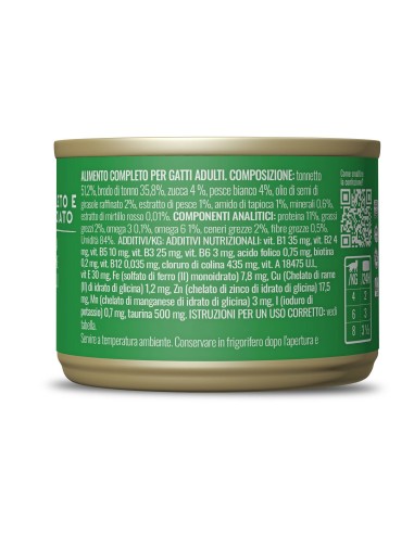 Adoc Cibo Umido per Gatti Completo e Bilanciato - Filetti di TONNETTO con ZUCCA e PESCE BIANCO - 16 Lattine da 155 gr