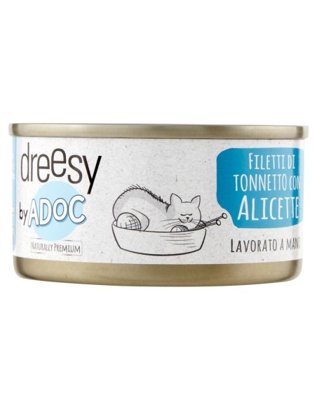 Dreesy ADoC Cibo Umido Per Gatti Cat Gatto Filetti Di Tonnetto con Alicette - 24 Lattine da 85 grammi