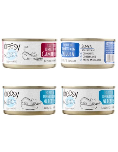 MIX 24 Lattine DA 85 gr ADoC Cat Gatto Cibo Umido per Gatti SHELTER BOX - 12 Alicette BIANCHETTI, 8 GAMBERETTI, 4 SPIGOLA