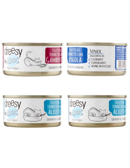 MIX 24 Lattine DA 85 gr ADoC Cat Gatto Cibo Umido per Gatti SHELTER BOX - 12 Alicette BIANCHETTI, 8 GAMBERETTI, 4 SPIGOLA