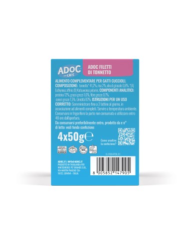 Adoc - Cibo Umido per Gatti Adulti con Ingredienti Naturali - Teneri trancetti di Tonnetto - 10 confezioni da 4 lattine da 50gr