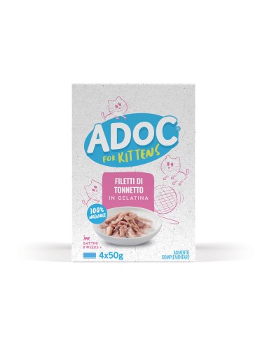 Adoc - Cibo Umido per Gatti Adulti con Ingredienti Naturali - Teneri trancetti di Tonnetto - 10 confezioni da 4 lattine da 50gr