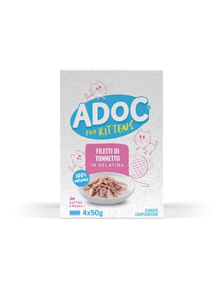 Adoc - Cibo Umido per Gatti Adulti con Ingredienti Naturali - Teneri trancetti di Tonnetto - 10 confezioni da 4 lattine da 50gr