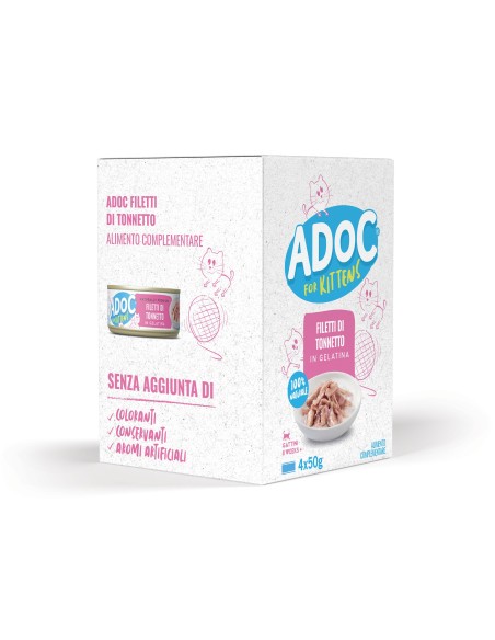 Adoc - Cibo Umido per Gatti Adulti con Ingredienti Naturali - Teneri trancetti di Tonnetto - 10 confezioni da 4 lattine da 50gr