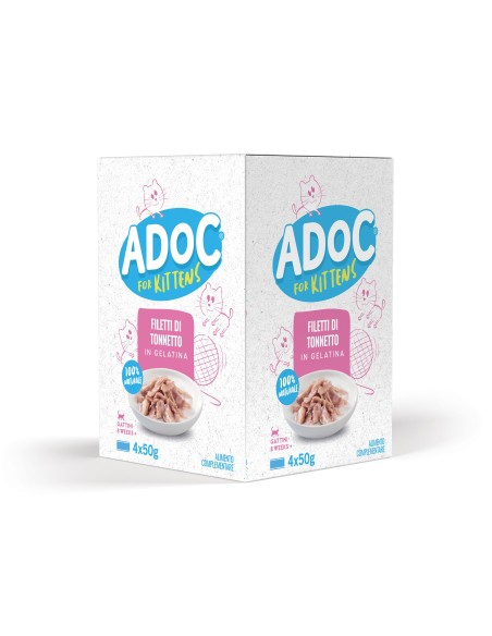 Adoc - Cibo Umido per Gatti Adulti con Ingredienti Naturali - Teneri trancetti di Tonnetto - 10 confezioni da 4 lattine da 50gr