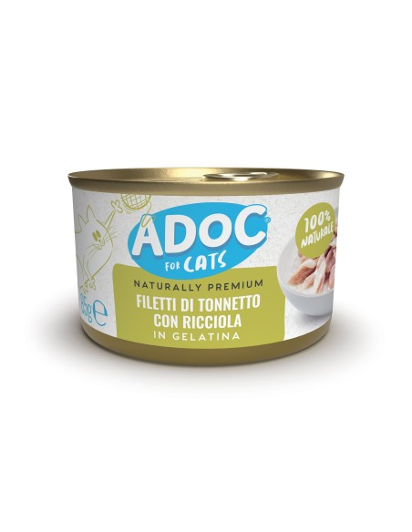 Adoc Cibo Umido per Gatti Adulti con Ingredienti Naturali Trancetti di Tonnetto Naturale con RICCIOLA - 24 lattine da 85gr