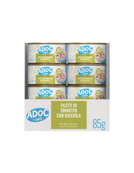 Adoc Cibo Umido per Gatti Adulti con Ingredienti Naturali Trancetti di Tonnetto Naturale con RICCIOLA - 24 lattine da 85gr
