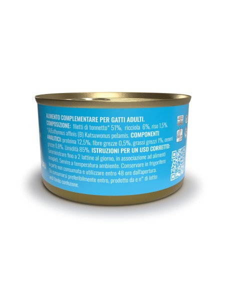 Adoc Cibo Umido per Gatti Adulti con Ingredienti Naturali Trancetti di Tonnetto Naturale con RICCIOLA - 24 lattine da 85gr