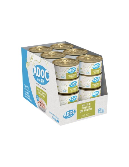 Adoc Cibo Umido per Gatti Adulti con Ingredienti Naturali Trancetti di Tonnetto Naturale con RICCIOLA - 24 lattine da 85gr