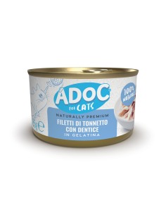 Adoc Cibo Umido per Gatti Adulti con Ingredienti Naturali Trancetti di Tonnetto Naturale con DENTICE - 24 lattine da 85gr
