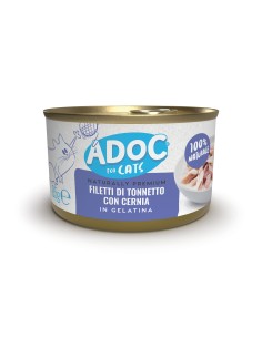 Adoc - Cibo Umido per Gatti Adulti con Ingredienti Naturali Trancetti di Tonnetto Naturale con CERNIA - 24 lattine da 85gr