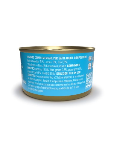 Adoc - Cibo Umido per Gatti Adulti con Ingredienti Naturali Trancetti di Tonnetto Naturale con CERNIA - 24 lattine da 85gr