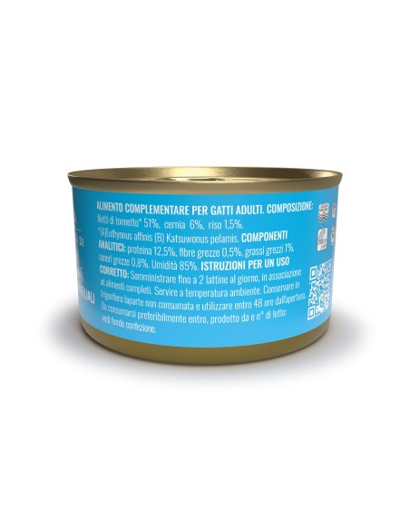 Adoc - Cibo Umido per Gatti Adulti con Ingredienti Naturali Trancetti di Tonnetto Naturale con CERNIA - 24 lattine da 85gr