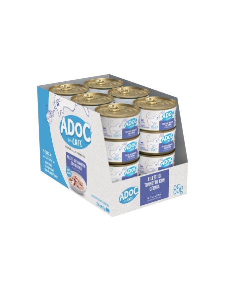 Adoc - Cibo Umido per Gatti Adulti con Ingredienti Naturali Trancetti di Tonnetto Naturale con CERNIA - 24 lattine da 85gr