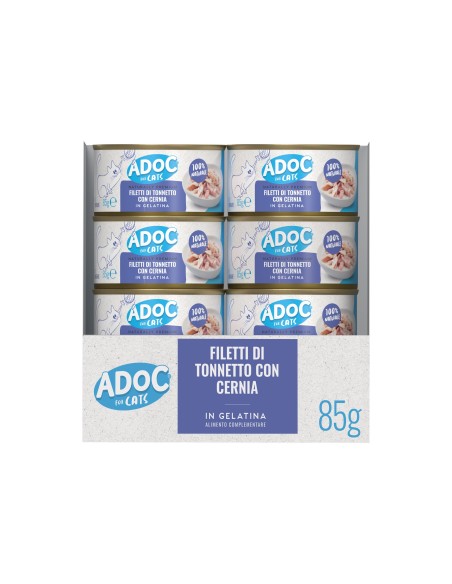 Adoc - Cibo Umido per Gatti Adulti con Ingredienti Naturali Trancetti di Tonnetto Naturale con CERNIA - 24 lattine da 85gr
