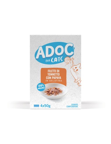 Adoc Cibo Umido per Gatti Adulti Trancetti di Tonnetto con Papaya 10 confezioni da 4 lattine da 50gr