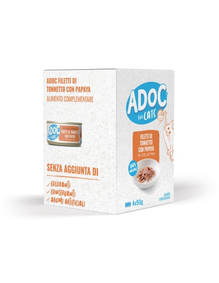 Adoc Cibo Umido per Gatti Adulti Trancetti di Tonnetto con Papaya 10 confezioni da 4 lattine da 50gr