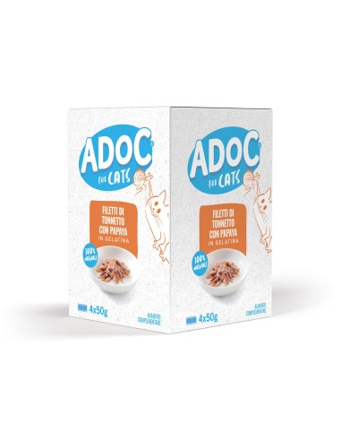 Adoc Cibo Umido per Gatti Adulti Trancetti di Tonnetto con Papaya 10 confezioni da 4 lattine da 50gr