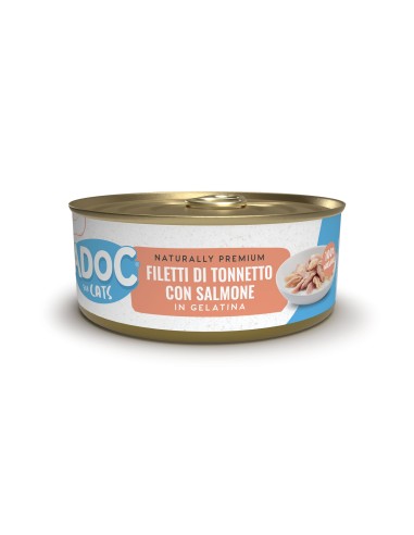 Adoc Cibo Umido per Gatti Adulti con Ingredienti Naturali Trancetti di Tonnetto e Salmone 10 confezioni da 4 lattine da 50gr