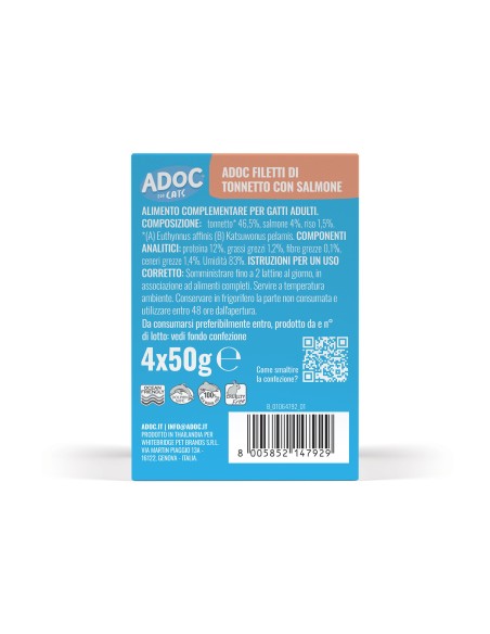 Adoc Cibo Umido per Gatti Adulti con Ingredienti Naturali Trancetti di Tonnetto e Salmone 10 confezioni da 4 lattine da 50gr